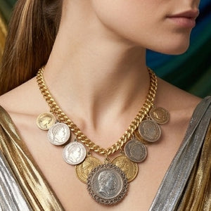Vintage JULIANA Faux Gold Silver Empereur Napoleon Coin Charm Necklace IIJJ#8984