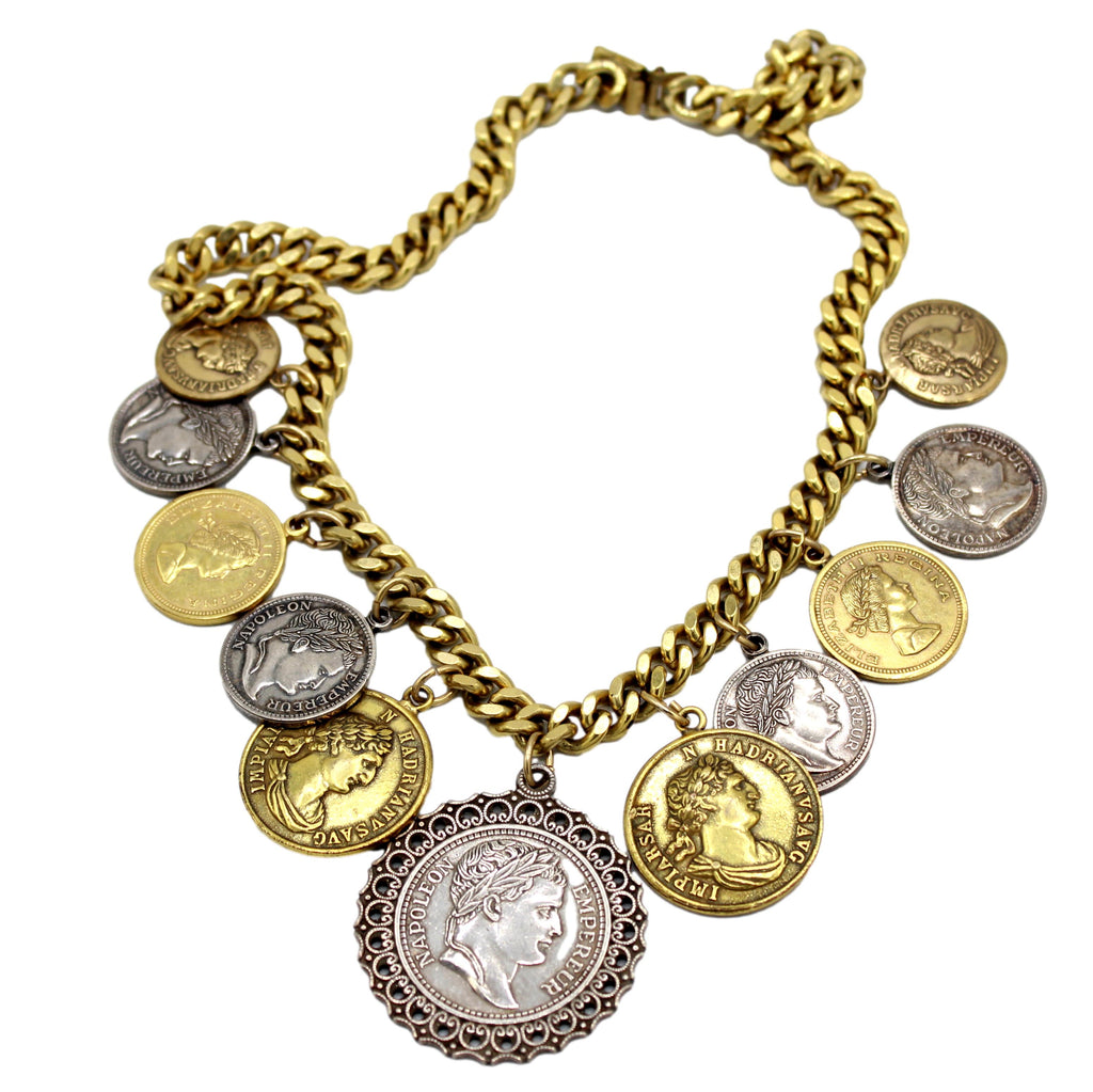 Vintage JULIANA Faux Gold Silver Empereur Napoleon Coin Charm Necklace IIJJ#8984