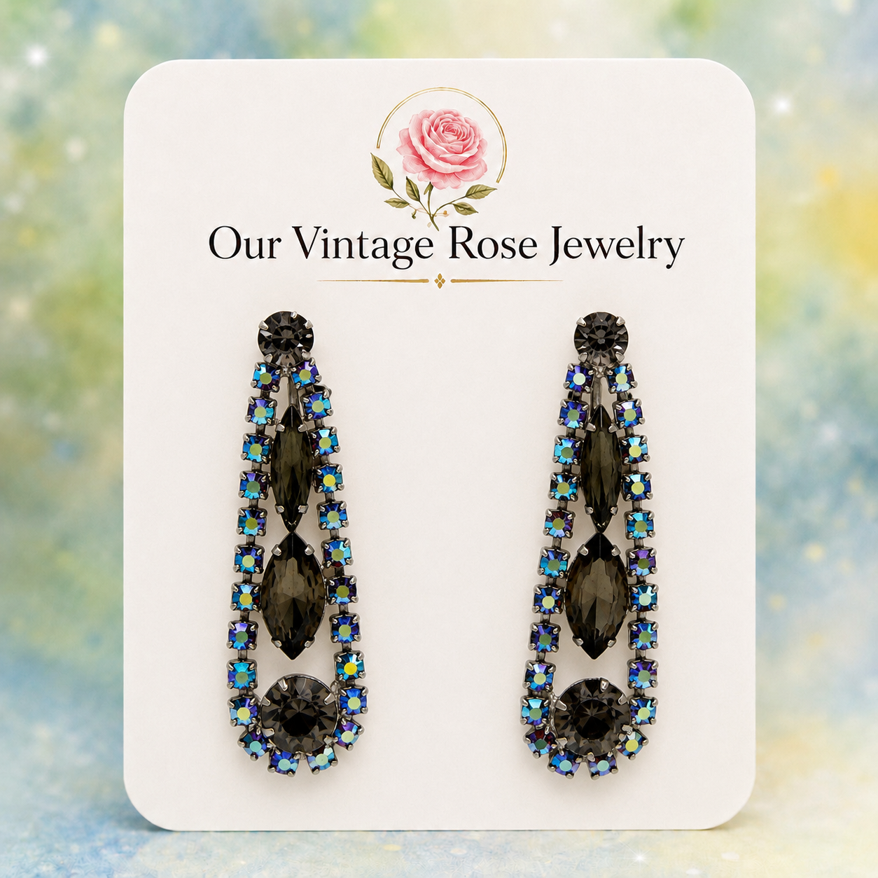 Vintage Juliana Smoky Gray & AB Dangle Rhinestone Earrings #9212