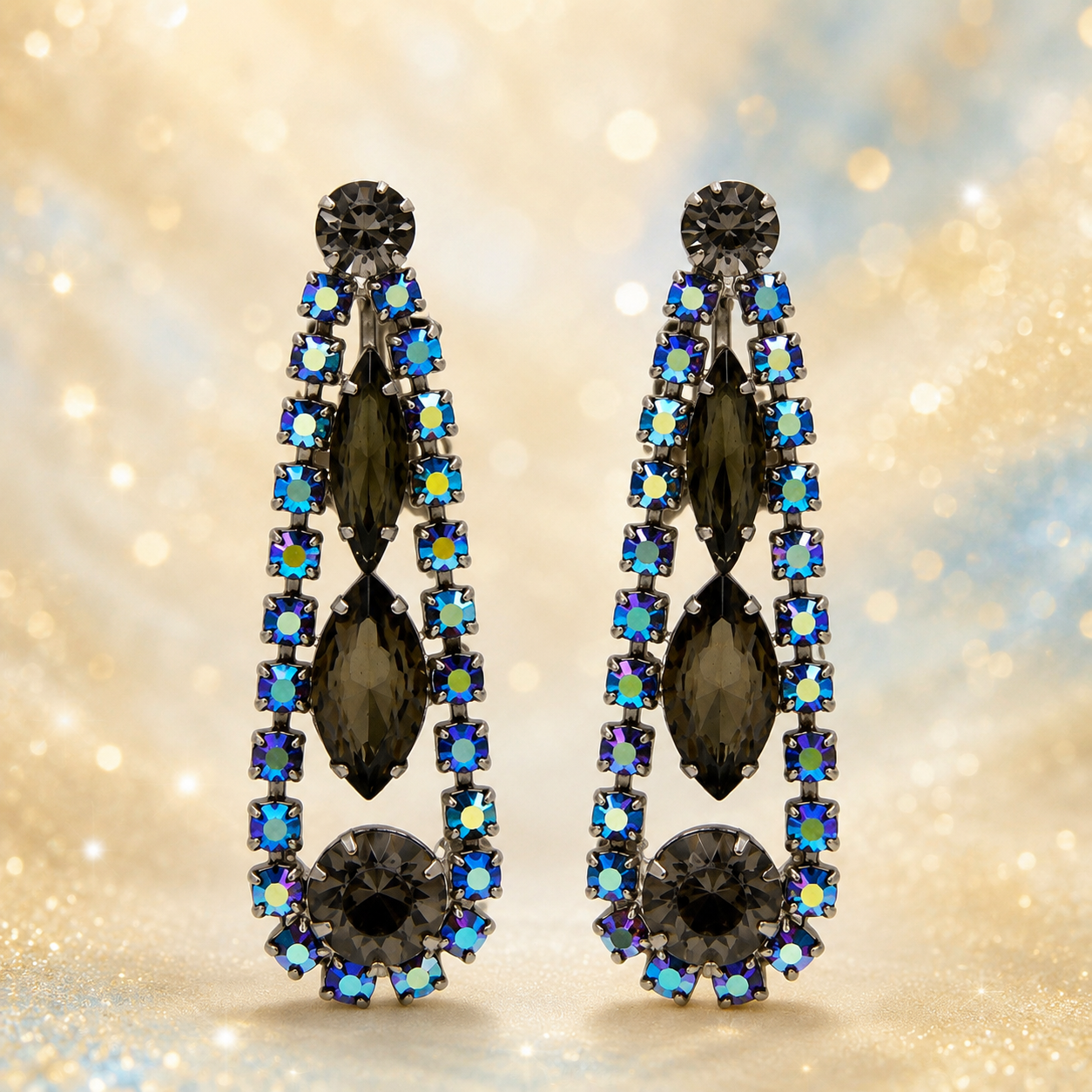 Vintage Juliana Smoky Gray & AB Dangle Rhinestone Earrings #9212