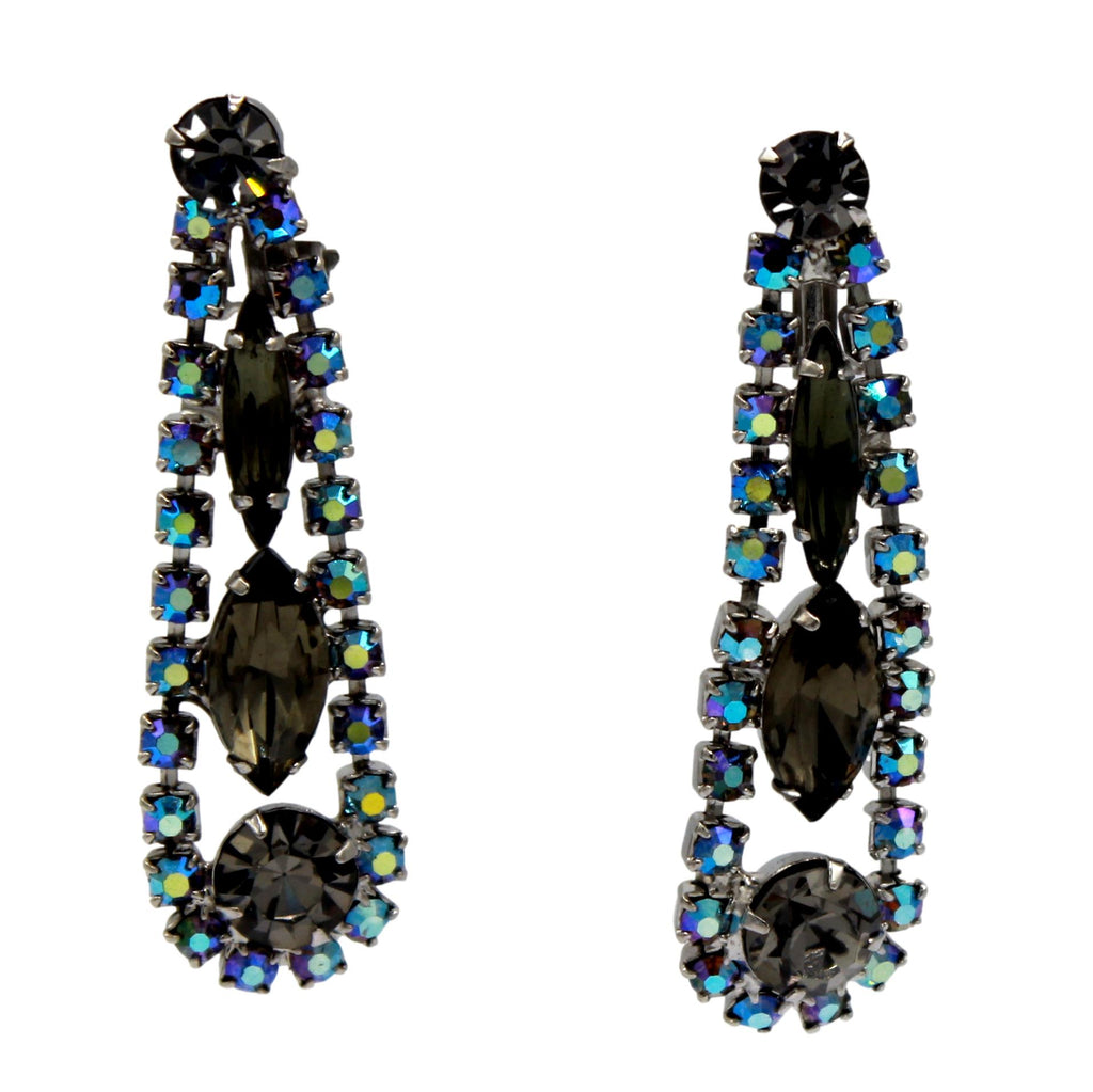 Vintage Juliana Smoky Gray & AB Dangle Rhinestone Earrings #9212
