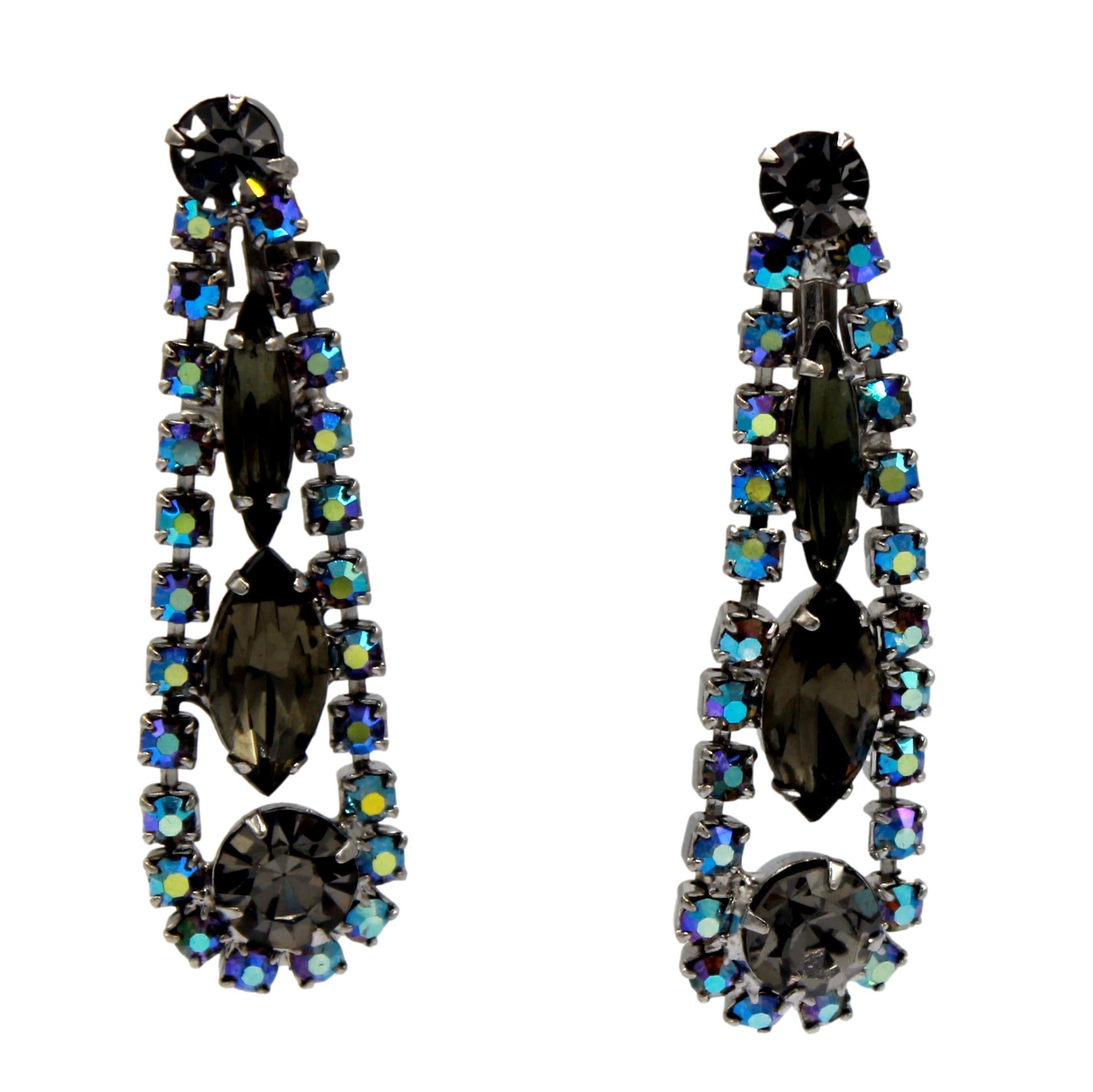 Vintage Juliana Smoky Gray & AB Dangle Rhinestone Earrings #9212