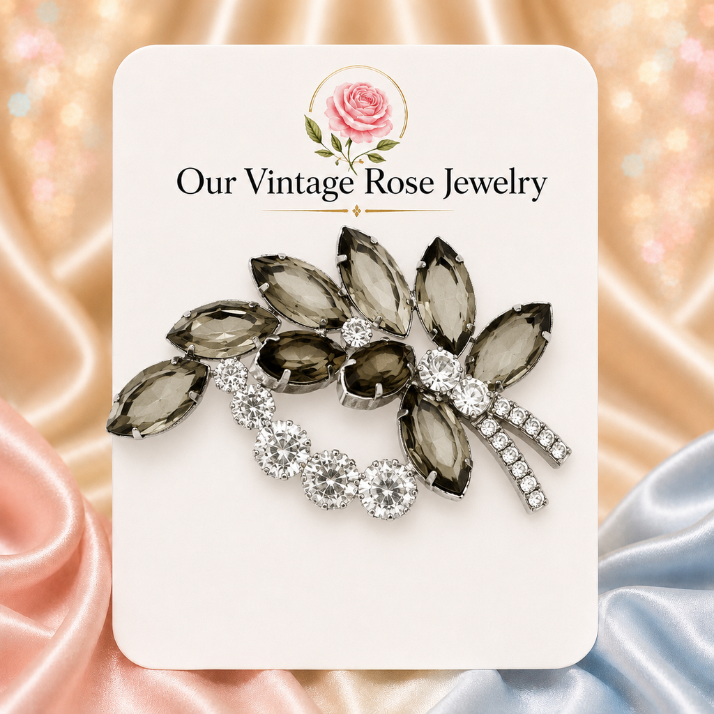 Vintage Juliana Gray & Clear Rhinestone Leaf Brooch IIJJ#9326