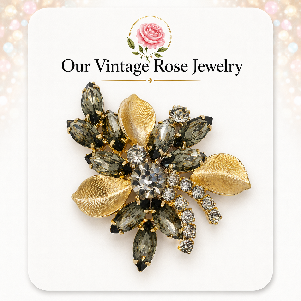 Vintage Juliana Gray Rhinestone Gold Metal Leaf Brooch IIJJ#9335