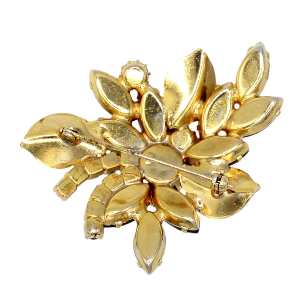 Vintage Juliana Gray Rhinestone Gold Metal Leaf Brooch IIJJ#9335