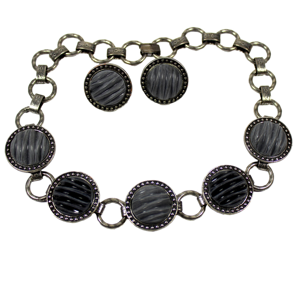 Vintage JULIANA NOS Molded Gray Black Cabochon Necklace Earrings Set ITJJ#7370
