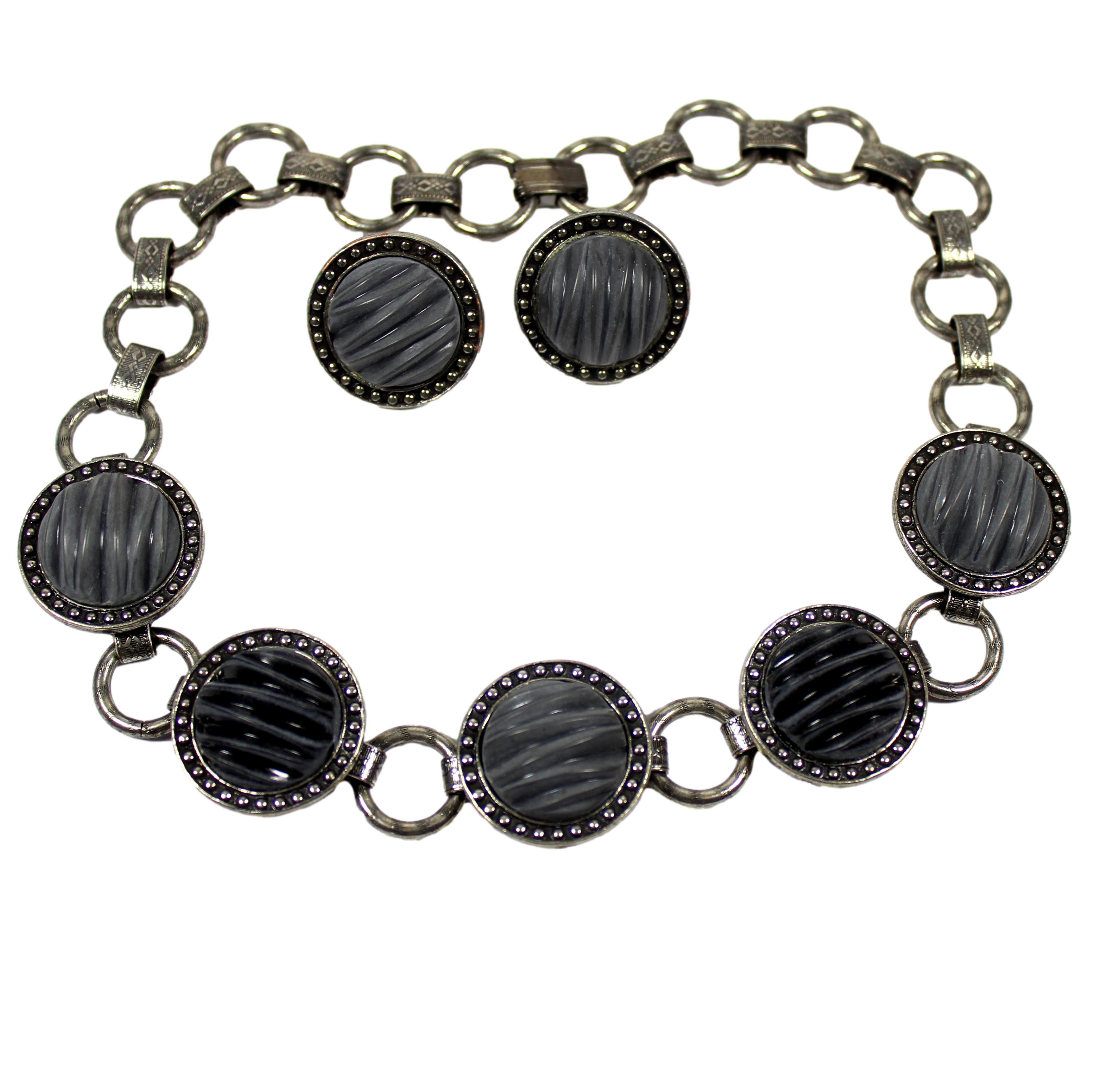 Vintage JULIANA NOS Molded Gray Black Cabochon Necklace Earrings Set ITJJ#7370