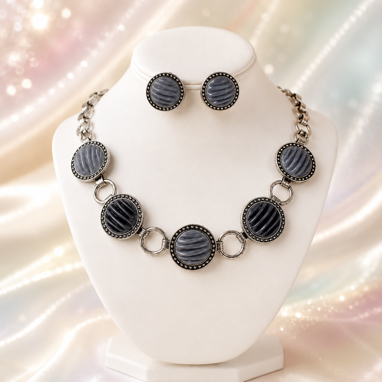 Vintage JULIANA NOS Molded Gray Black Cabochon Necklace Earrings Set ITJJ#7370