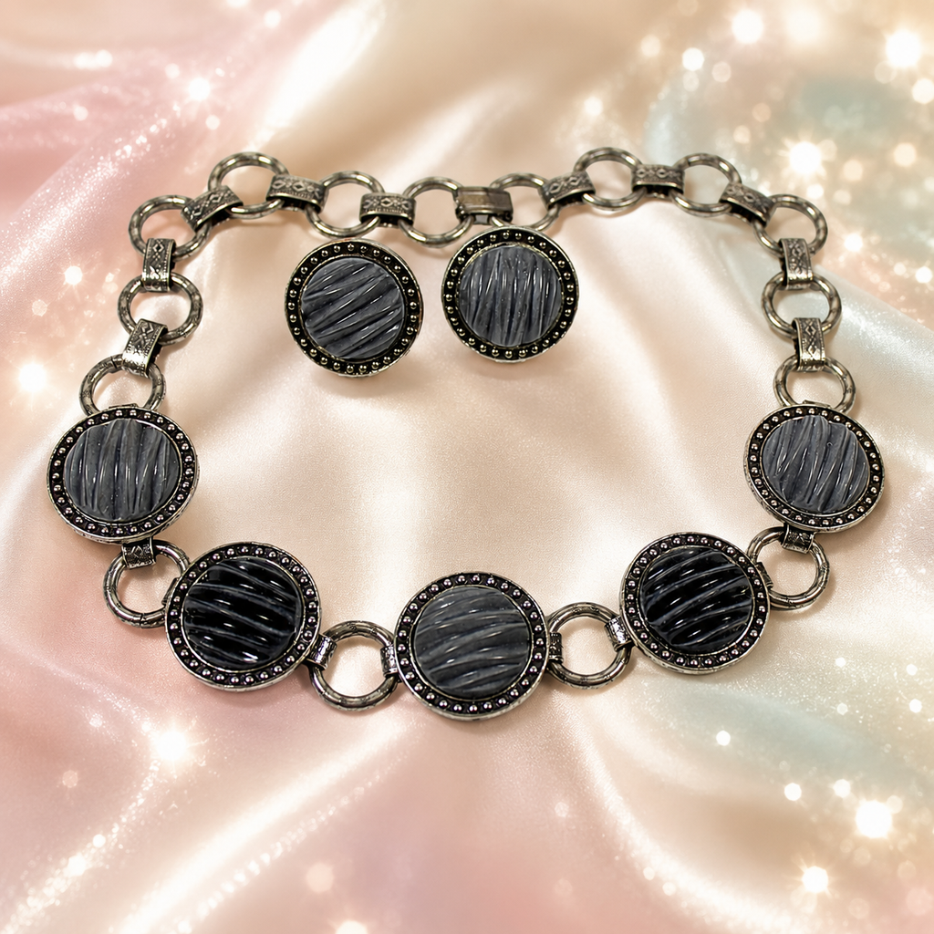 Vintage JULIANA NOS Molded Gray Black Cabochon Necklace Earrings Set ITJJ#7370