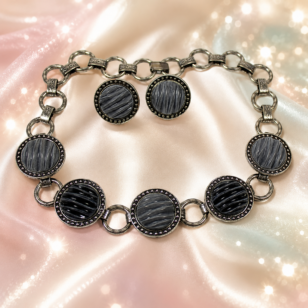 Vintage JULIANA NOS Molded Gray Black Cabochon Necklace Earrings Set ITJJ#7370
