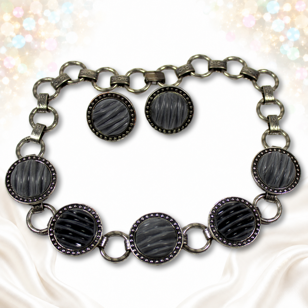 Vintage JULIANA NOS Molded Gray Black Cabochon Necklace Earrings Set IIJJ#7370