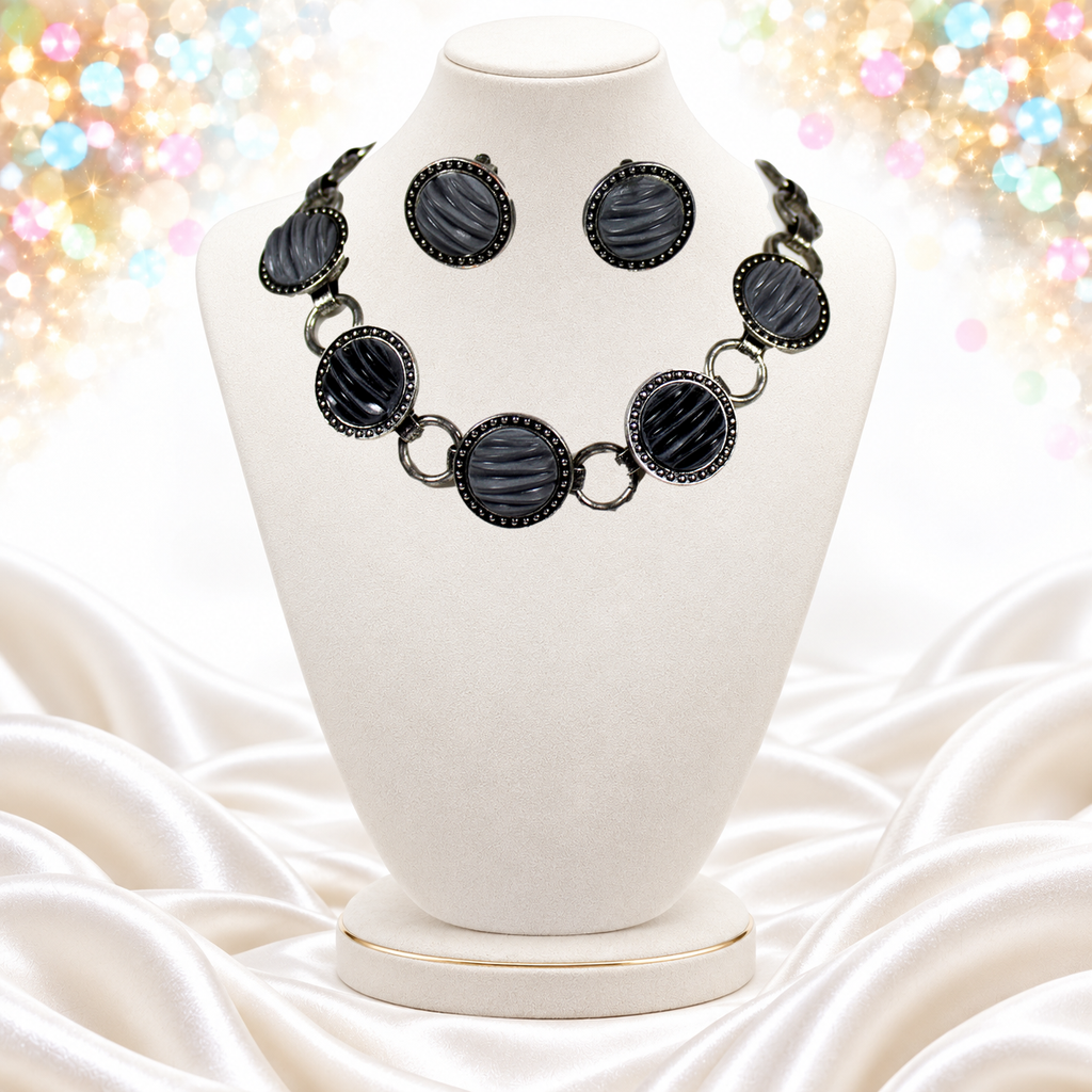Vintage JULIANA NOS Molded Gray Black Cabochon Necklace Earrings Set IIJJ#7370