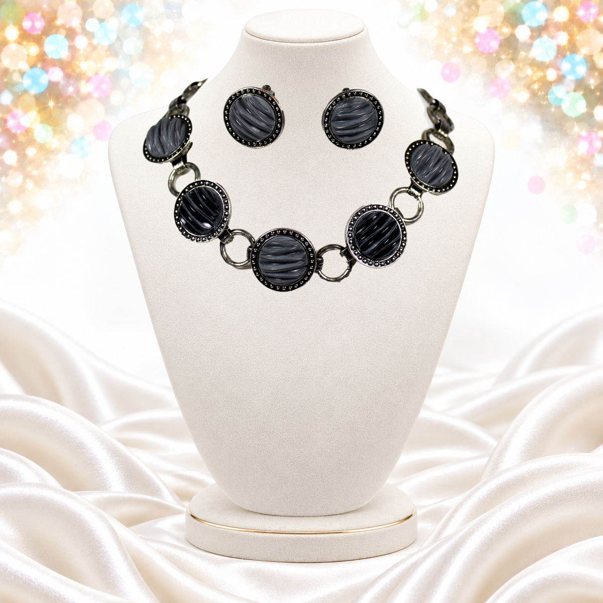 Vintage JULIANA NOS Molded Gray Black Cabochon Necklace Earrings Set IIJJ#7370