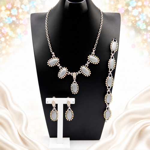 Vintage Gray Moonglow Clear Rhinestone Necklace Bracelet Earrings Set