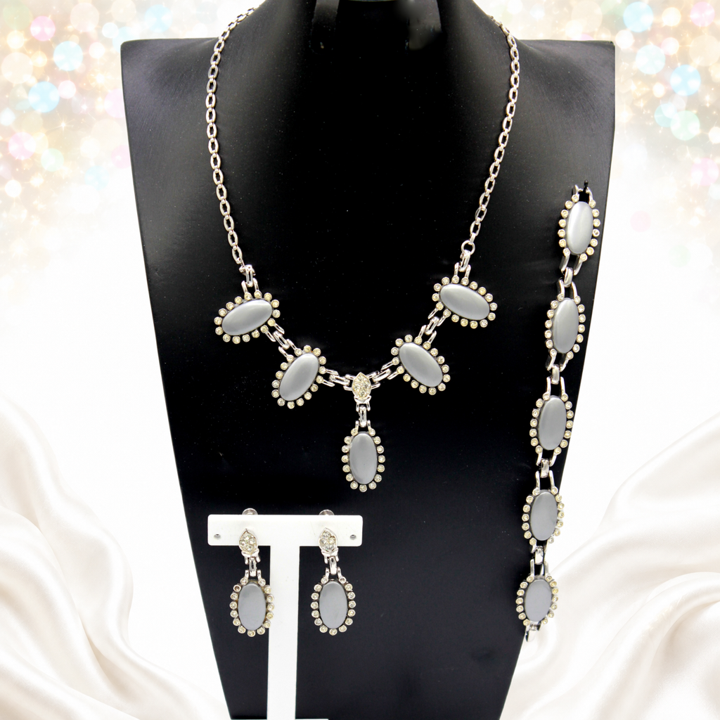 Vintage Gray Moonglow Clear Rhinestone Necklace Bracelet Earrings Set
