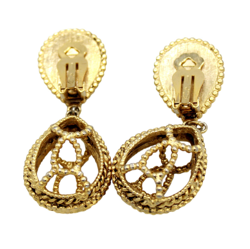 Vintage JULIANA Green Lucite Cabochon Caged Dangle Clip Earrings IIJJ#8286