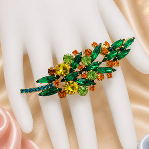 Vintage Juliana Teal Green Yellow Orange Rhinestone Leaf Brooch IIJJ #9328