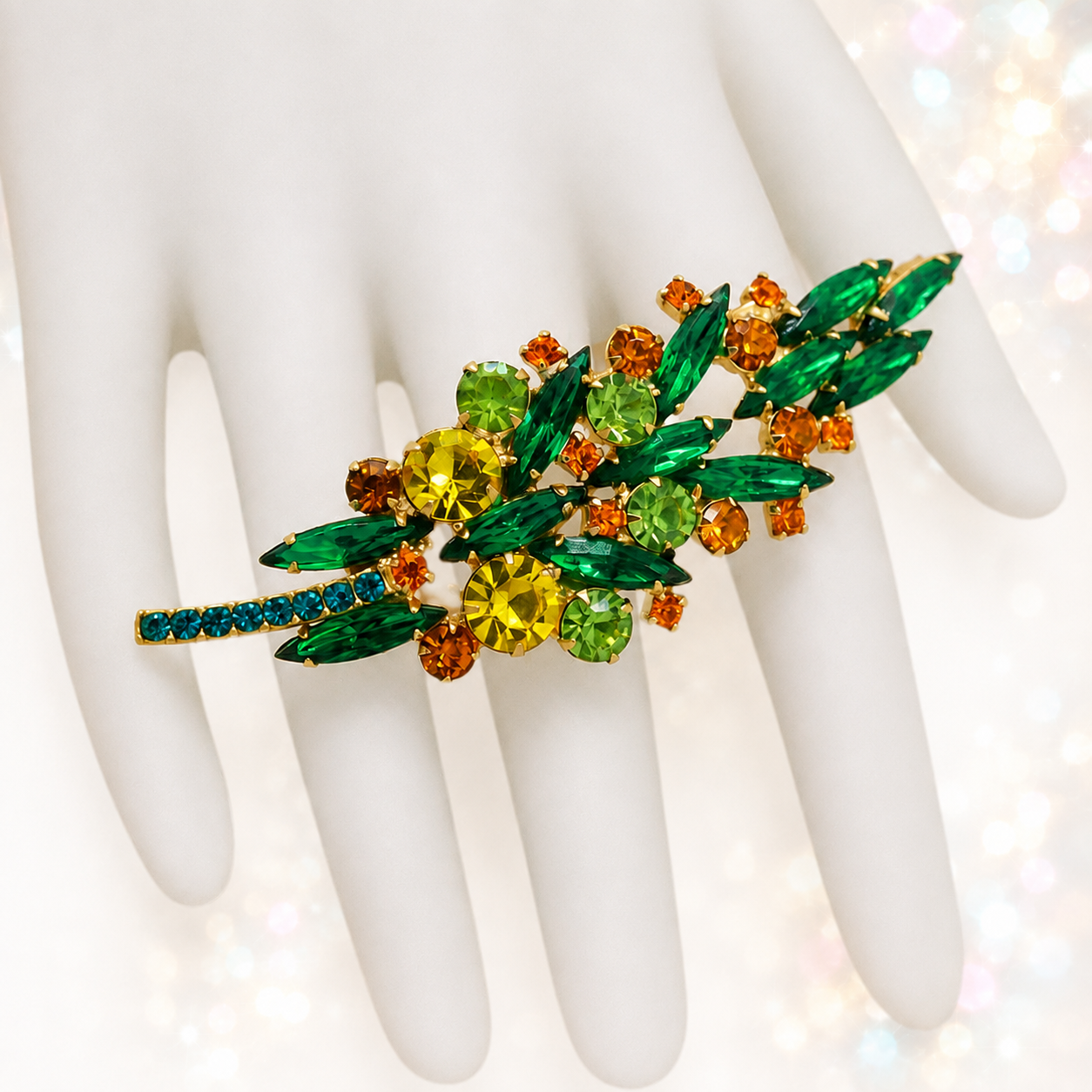 Vintage Juliana Teal Green Yellow Orange Rhinestone Leaf Brooch IIJJ #9328
