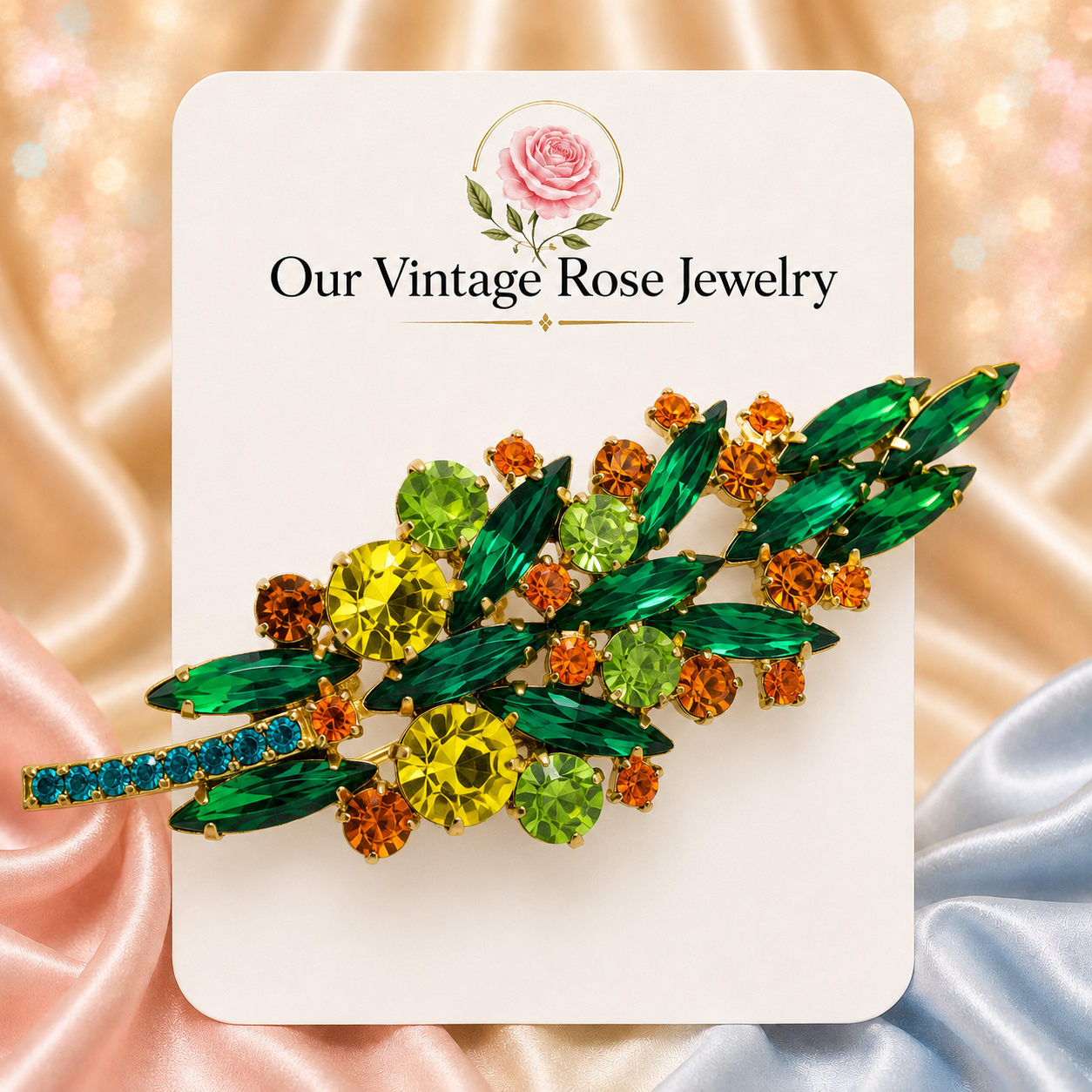 Vintage Juliana Teal Green Yellow Orange Rhinestone Leaf Brooch IIJJ #9328