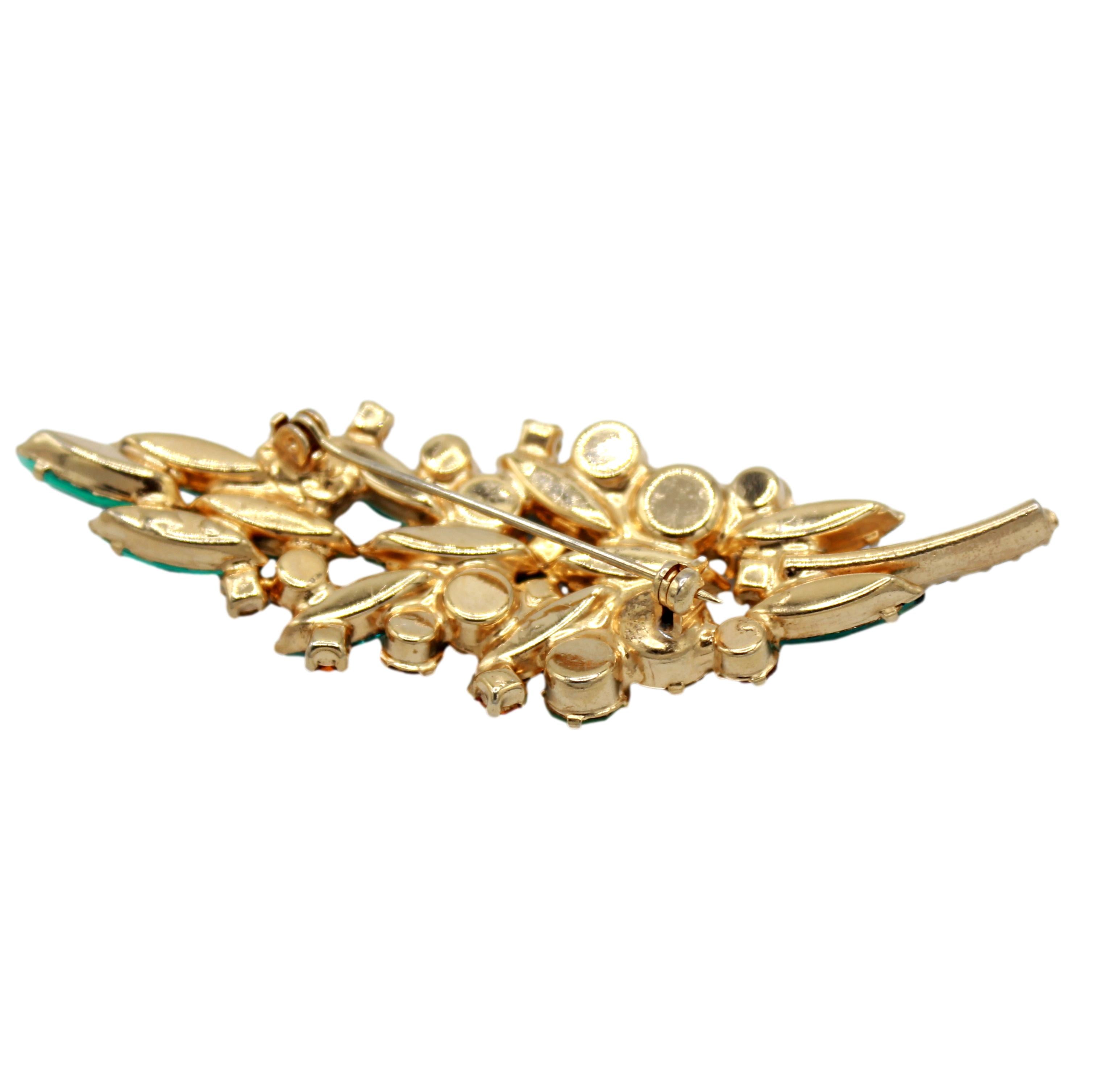 Vintage Juliana Teal Green Yellow Orange Rhinestone Leaf Brooch IIJJ #9328