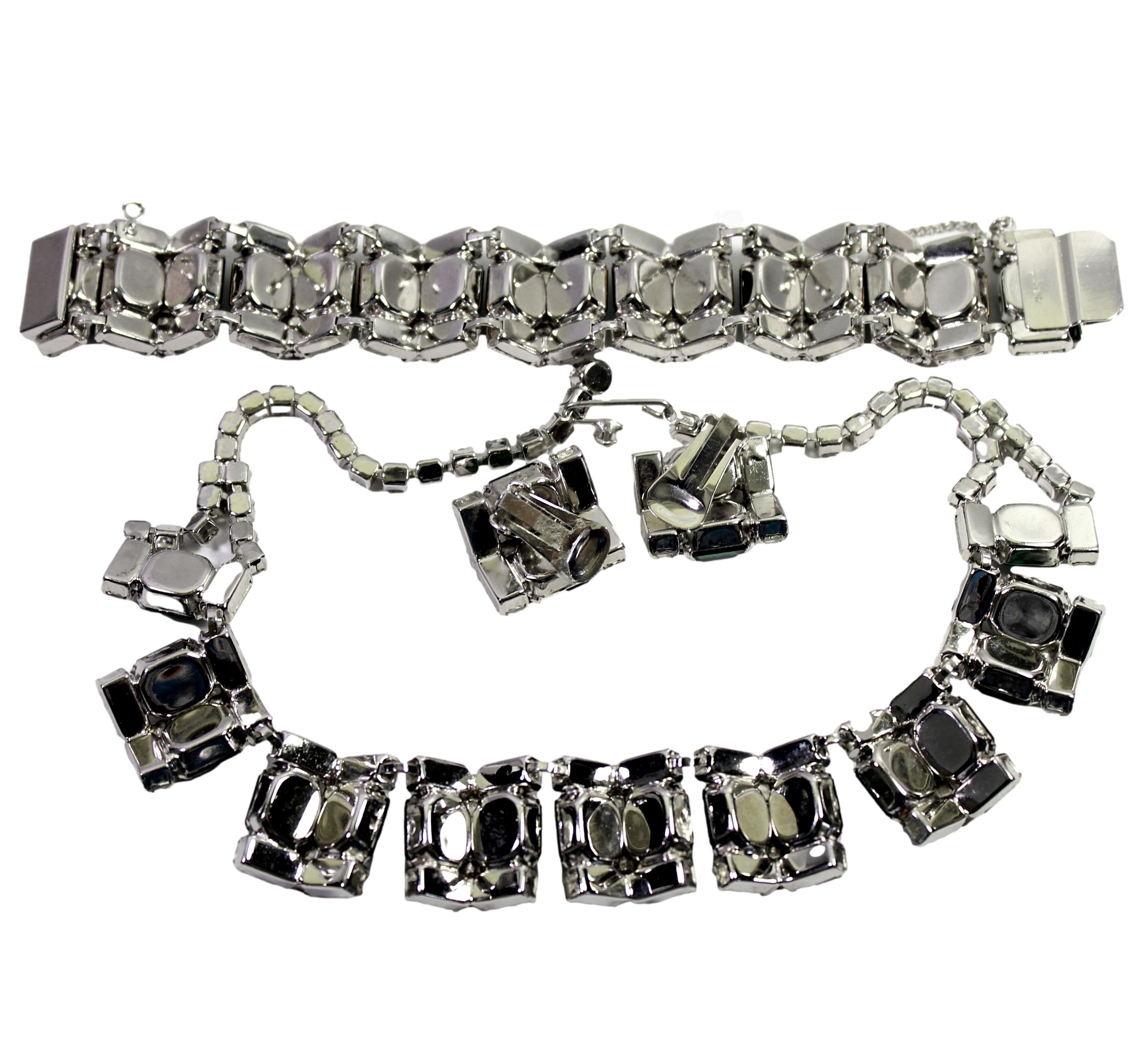 Vintage WIESNER Green Art Deco Style Rhinestone Necklace Bracelet Earrings Set