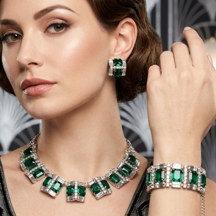 Vintage WIESNER Green Art Deco Style Rhinestone Necklace Bracelet Earrings Set