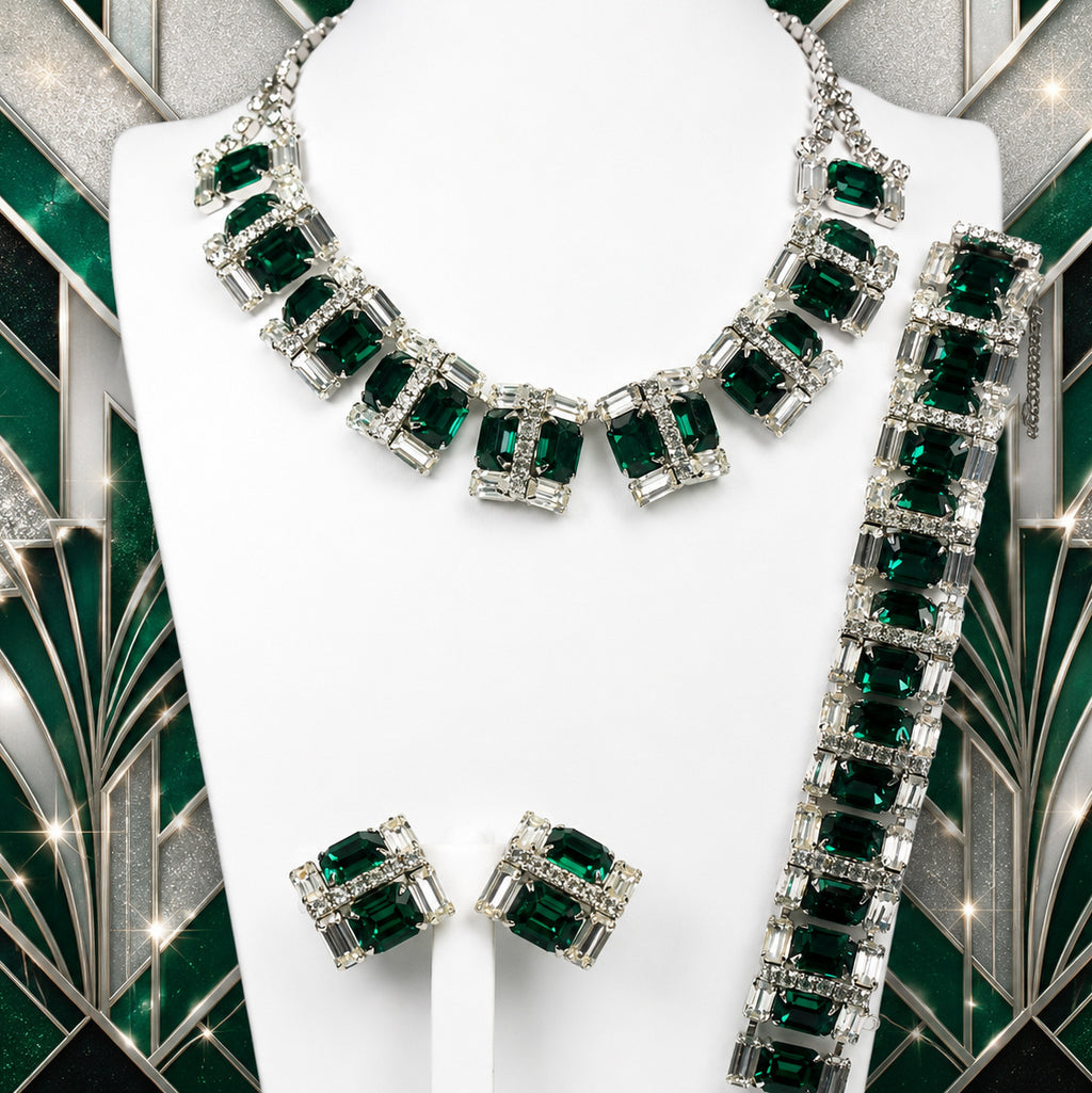 Vintage WIESNER Green Art Deco Style Rhinestone Necklace Bracelet Earrings Set