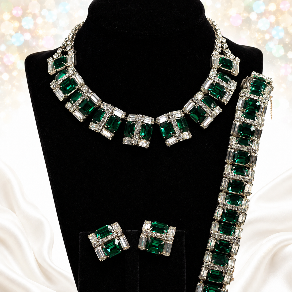 Vintage WIESNER Green Art Deco Style Rhinestone Necklace Bracelet Earrings Set