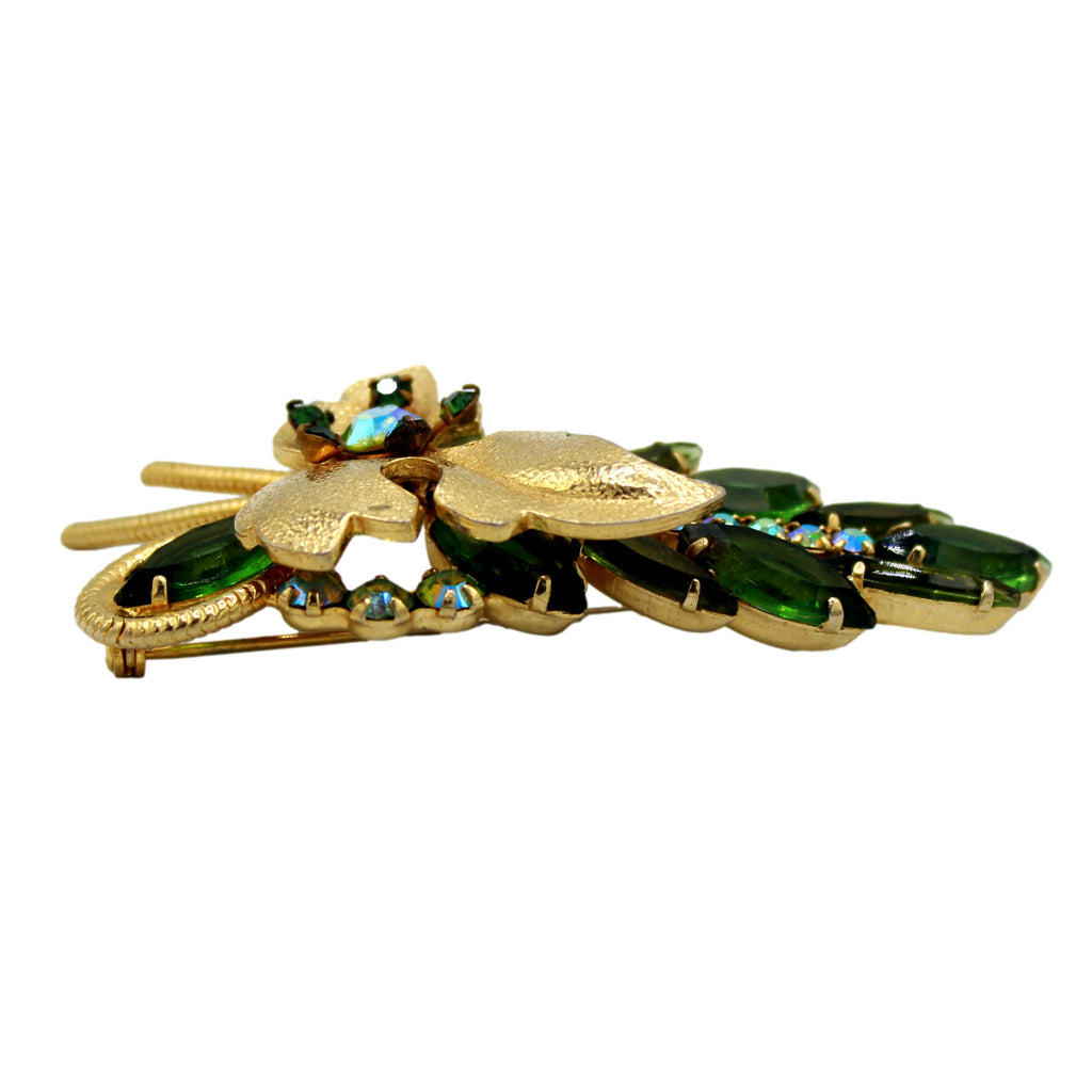 Vintage Juliana Green Rhinestone & Gold Metal Leaf Figural Brooch  IIJJ#595