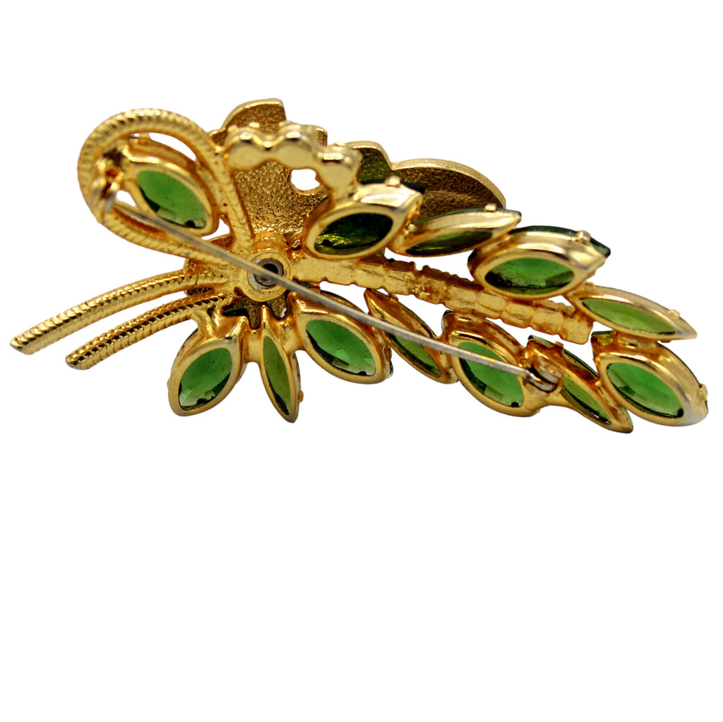 Vintage Juliana Green Rhinestone & Gold Metal Leaf Figural Brooch  IIJJ#595