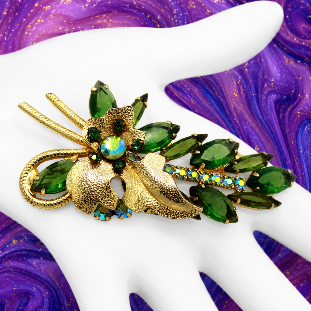Vintage Juliana Green Rhinestone & Gold Metal Leaf Figural Brooch  IIJJ#595