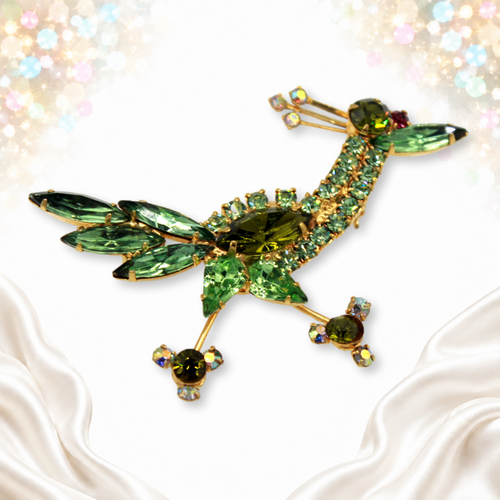 Juliana peridot green and olivine rhinestone road runner brooch IIJJ934, angled front view