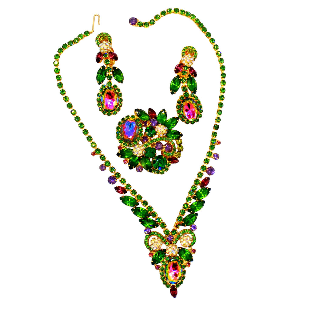 Vintage Juliana Green Watermelon Rhinestone Necklace Brooch Earrings Parure IIJJ#9701