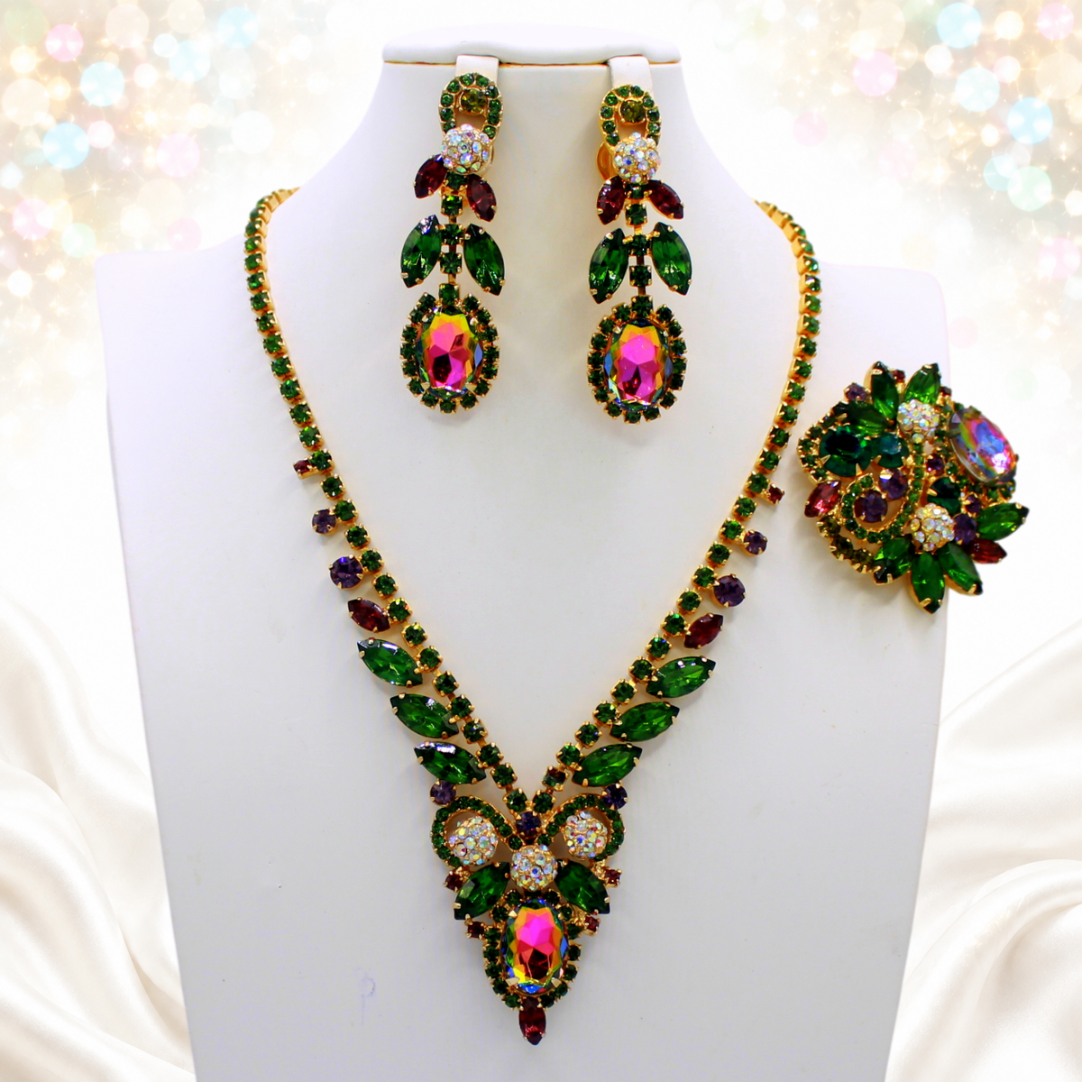 Vintage Juliana Green Watermelon Rhinestone Necklace Brooch Earrings Parure IIJJ#9701