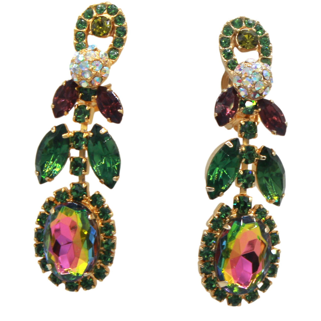 Vintage JULIANA Green Purple Watermelon Rhinestone Pom Pom Necklace Earrings Set IIJJ#656