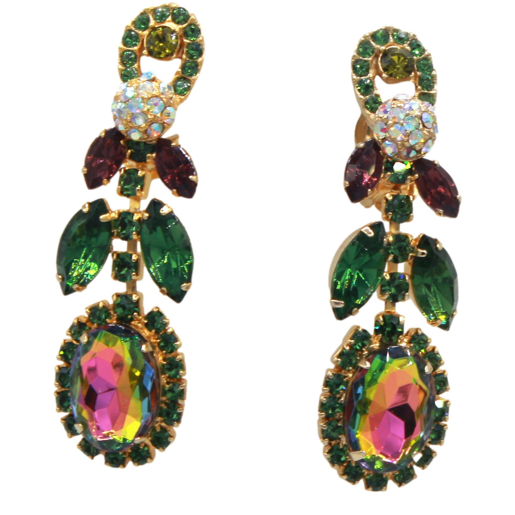 Vintage JULIANA Green Purple Watermelon Rhinestone Pom Pom Necklace Earrings Set IIJJ#656