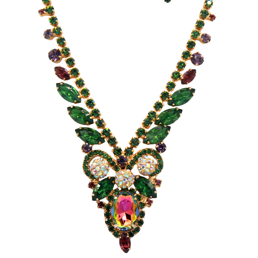 Vintage JULIANA Green Purple Watermelon Rhinestone Pom Pom Necklace Earrings Set IIJJ#656
