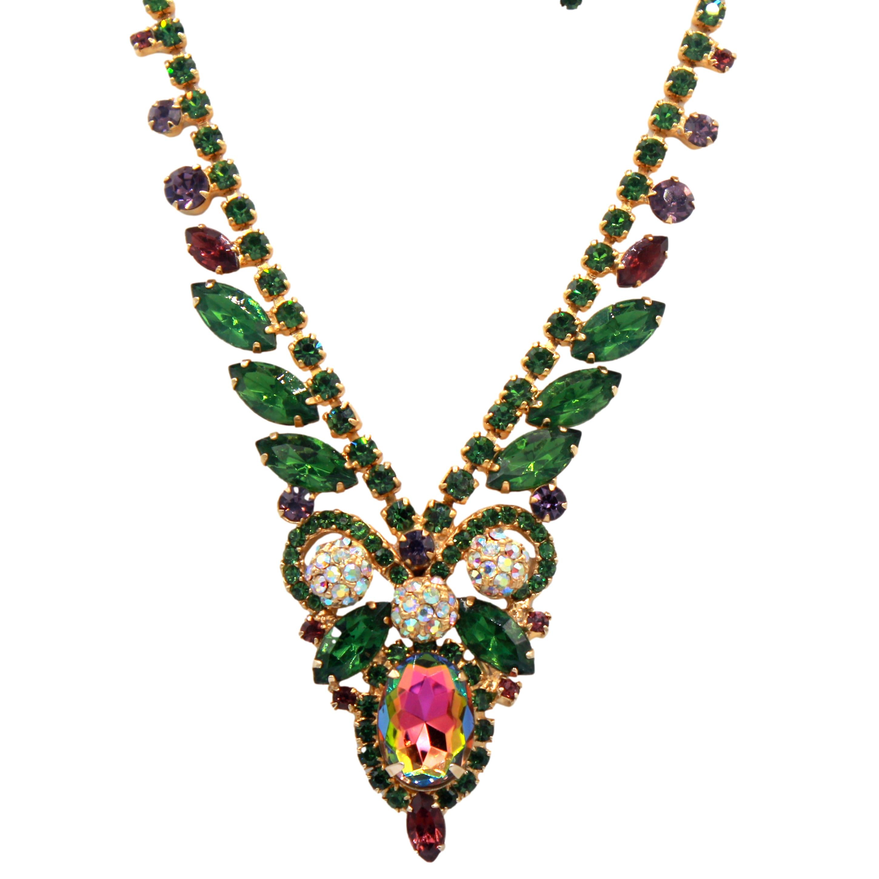 Vintage JULIANA Green Purple Watermelon Rhinestone Pom Pom Necklace Earrings Set IIJJ#656