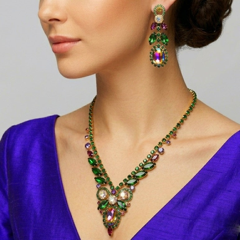 Vintage JULIANA Green Purple Watermelon Rhinestone Pom Pom Necklace Earrings Set IIJJ#656