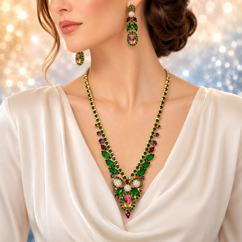 Vintage JULIANA Green Purple Watermelon Rhinestone Pom Pom Necklace Earrings Set IIJJ#656