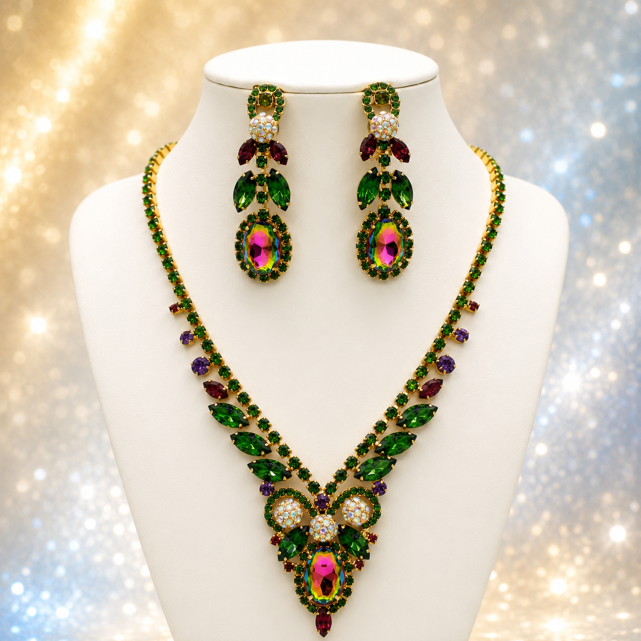 Vintage JULIANA Green Purple Watermelon Rhinestone Pom Pom Necklace Earrings Set IIJJ#656