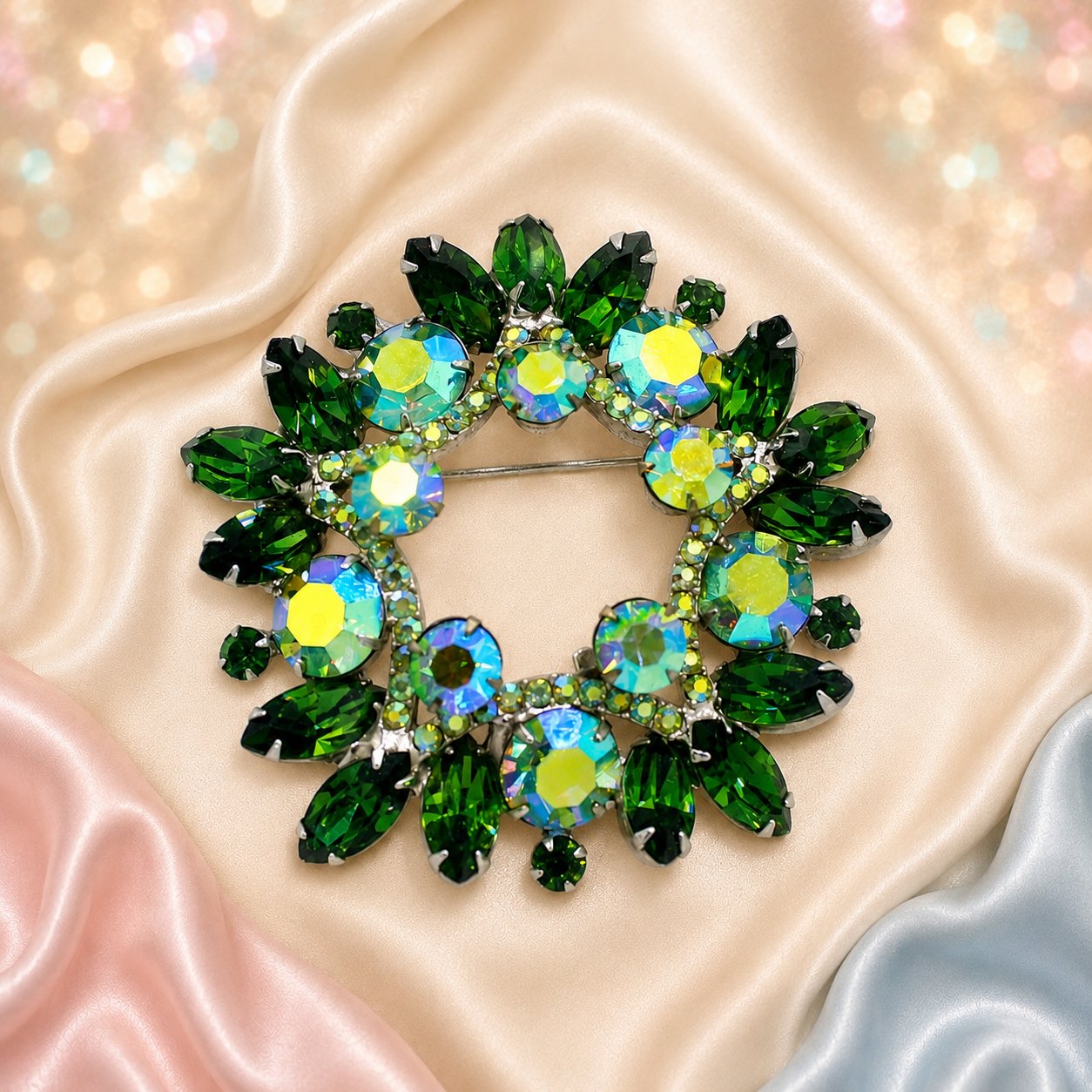 Vintage Juliana Green Rhinestone Wreath Brooch IIJJ#9310