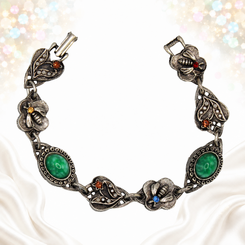 Front view of Carl Art faux jade bee and heart bracelet