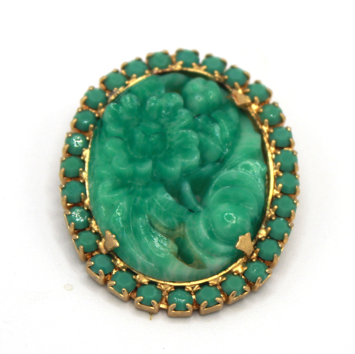 Vintage Juliana Green Jade Peking Glass Rhinestone Molded Brooch Pendant IIJJ#9707