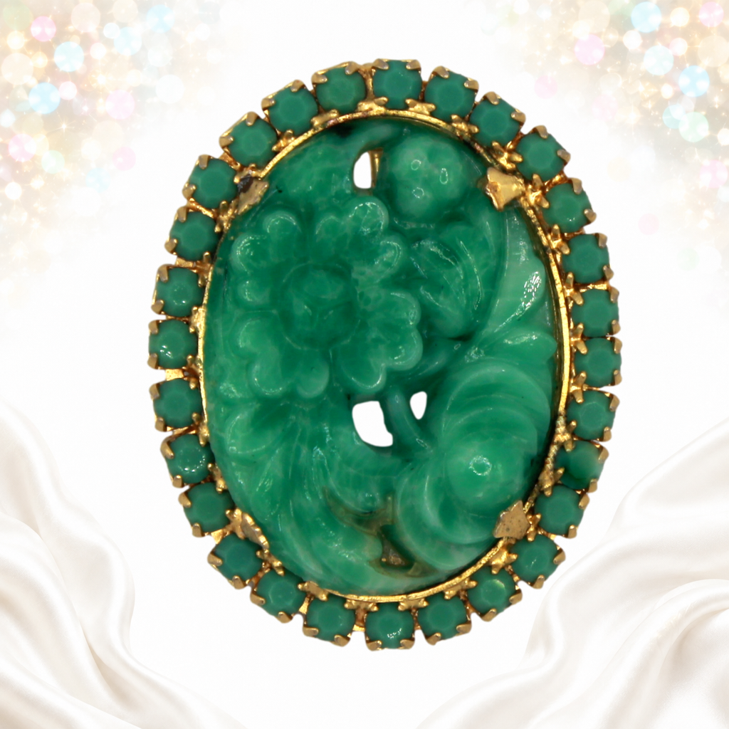 Vintage Juliana Green Jade Peking Glass Rhinestone Molded Brooch Pendant IIJJ#9707