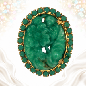 Vintage Juliana Green Jade Peking Glass Rhinestone Molded Brooch Pendant IIJJ#9707