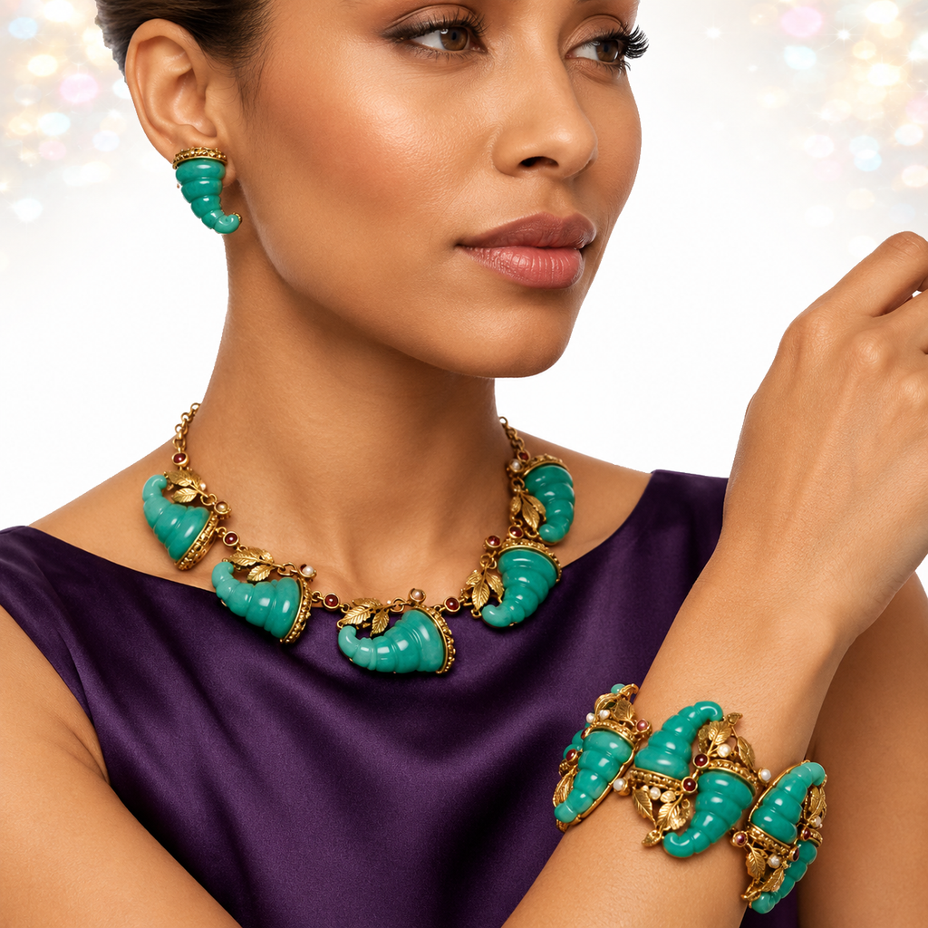 Vintage SELRO Jade Lucite Cornucopia Flower Rhinestone Necklace Bracelet Earrings Set