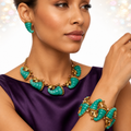 Vintage SELRO Jade Lucite Cornucopia Flower Rhinestone Necklace Bracelet Earrings Set