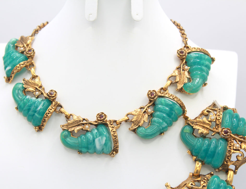 Vintage SELRO Jade Lucite Cornucopia Flower Rhinestone Necklace Bracelet Earrings Set
