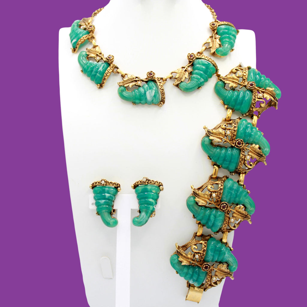 Vintage SELRO Jade Lucite Cornucopia Flower Rhinestone Necklace Bracelet Earrings Set